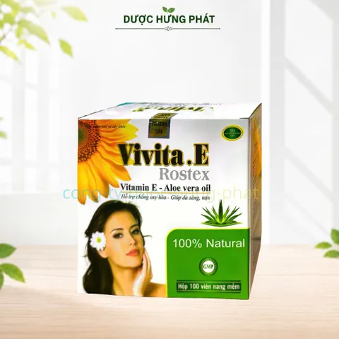 Viên uống Vivita.E Rostex giúp bổ sung vitamin E, chống oxy hóa, bảo vệ và hạn chế lão hóa da, da sáng, mịn hộp 100 viên