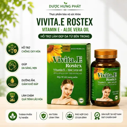 Viên uống Vivita.E Rostex giúp bổ sung vitamin E, chống oxy hóa, bảo vệ và hạn chế lão hóa da, da sáng, mịn hộp 30 viên