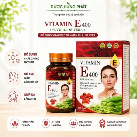 Viên uống Vitamin E 400 With Aloe Vera giúp bổ sung chất chống oxy hóa, giảm lão hóa da, giúp da sáng mịn hộp 30 viên