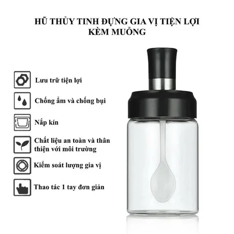 Sét 5 Hũ Thuỷ Tinh cao cấp đựng gia vị nhà bếp kèm MUỖNG 250ml