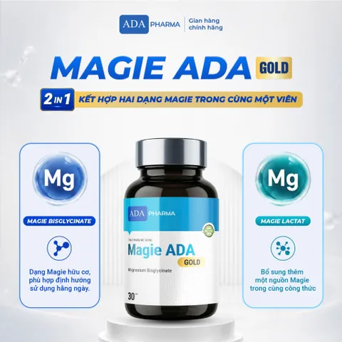 Thực phẩm bổ sung MAGIE ADA GOLD 2IN1 – Magie Bisglycinate, Magie Lactat, Kẽm & Vitamin B6, Hộp 30 viên.