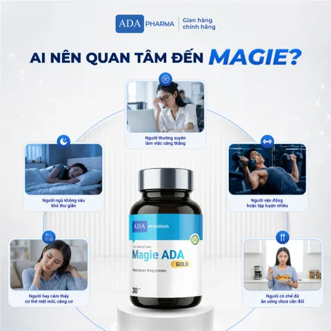 Thực phẩm bổ sung MAGIE ADA GOLD 2IN1 – Magie Bisglycinate, Magie Lactat, Kẽm & Vitamin B6, Hộp 30 viên.