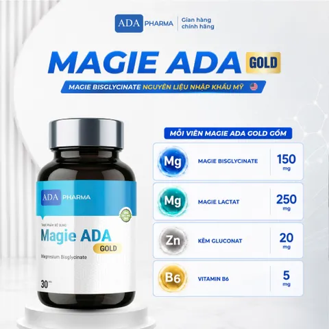 Thực phẩm bổ sung MAGIE ADA GOLD 2IN1 – Magie Bisglycinate, Magie Lactat, Kẽm & Vitamin B6, Hộp 30 viên.