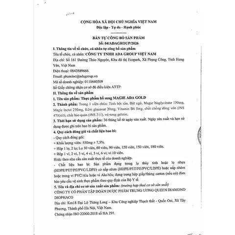 Thực phẩm bổ sung MAGIE ADA GOLD 2IN1 – Magie Bisglycinate, Magie Lactat, Kẽm & Vitamin B6, Hộp 30 viên.