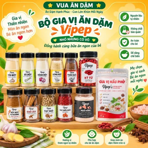 Trọn bộ Bột Gia Vị Sạch và Tự Nhiên (Hành,Tỏi,Sả) cho bé và cả gia đình | Bột gia vị VIPEP (Mẫu mới-Vipep Date 2026)