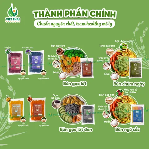 Bún Ngũ Sắc Việt Thái Organic Sạch Nguyên Chất Eat Clean Ăn Dặm Siêu Ngon Tiện Lợi Gói 500G