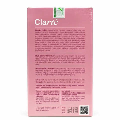 Dung Dịch Vệ Sinh Phụ Nữ Clarté Organic Có Postbiotic Và Thảo Dược Thiên Nhiên, Hỗ Trợ Cân Bằng pH, Dưỡng Ẩm, Làm Sạch Dịu Nhẹ, Chăm Sóc Hệ Vi Sinh Vùng Nhạy Cảm