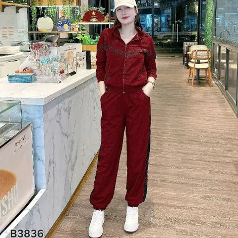 Sét bộ thể thao nữ có mũ thu đông chất gió lụa 2 lớp NY3836 Đẹp
