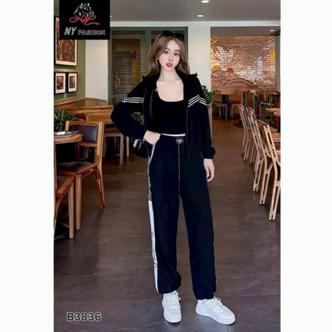 Sét bộ thể thao nữ có mũ thu đông chất gió lụa 2 lớp NY3836 Đẹp