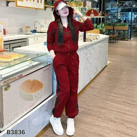 Sét bộ thể thao nữ có mũ thu đông chất gió lụa 2 lớp NY3836 Đẹp