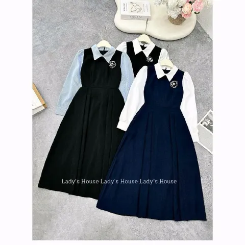 Váy sơmi công sở phối tay thu đông thiết kế trẻ đẹp LADY