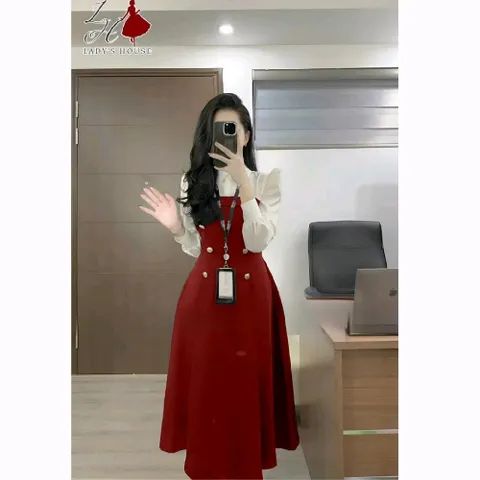XẢ HÀNG-Váy công sở nữ cổ phối màu dài tay đính khuy xịn