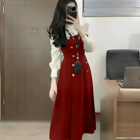 XẢ HÀNG-Váy công sở nữ cổ phối màu dài tay đính khuy xịn