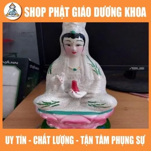Tôn tượng quan âm 30cm trắng vẻ hồng cực đẹp bằn đất nung