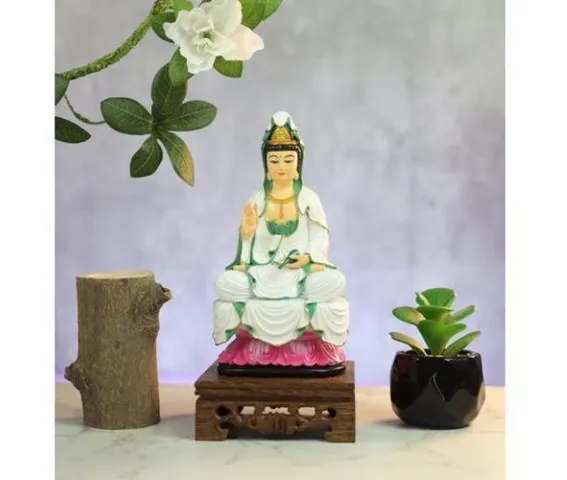 Tặng kinh Phổ Môn, Tượng Mẹ Quan Âm 18cm Bồ Tát Mặc Áo Trắng Ngồi Đài Sen Hồng cực đẹp