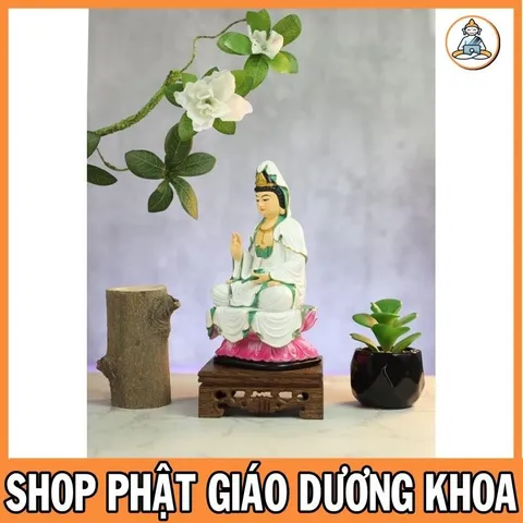 Tặng kinh Phổ Môn, Tượng Mẹ Quan Âm 18cm Bồ Tát Mặc Áo Trắng Ngồi Đài Sen Hồng cực đẹp