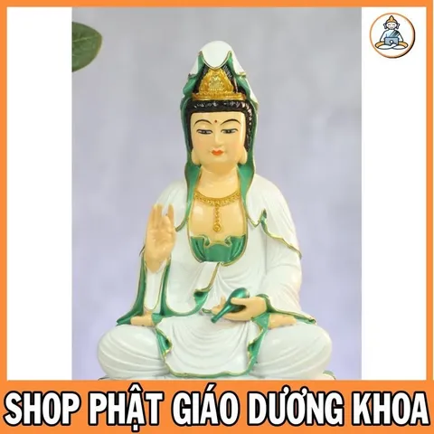 Tặng kinh Phổ Môn, Tượng Mẹ Quan Âm 18cm Bồ Tát Mặc Áo Trắng Ngồi Đài Sen Hồng cực đẹp