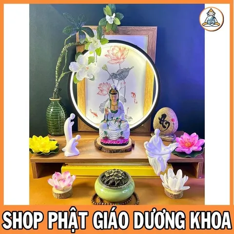 Tặng kinh Phổ Môn, Tượng Mẹ Quan Âm 18cm Bồ Tát Mặc Áo Trắng Ngồi Đài Sen Hồng cực đẹp