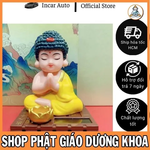 Tượng Phật A Di Đà Gật Gù Trang Trí Taplo Xe Hơi Chất Liệu Nhựa ABS Dùng Năng Lượng Mặt Trời cực đẹp