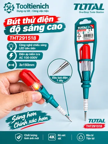BÚT THỬ ĐIỆN TOTAL THT291518 – LED SIÊU SÁNG, KIỂM TRA ĐIỆN AC 100–500V