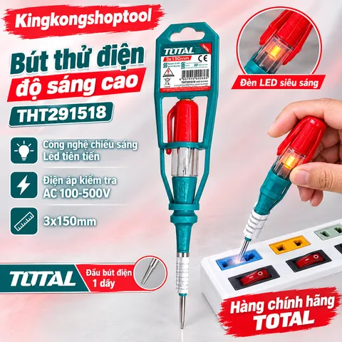 BÚT THỬ ĐIỆN TOTAL THT291518 – LED SIÊU SÁNG, KIỂM TRA ĐIỆN AC 100–500V