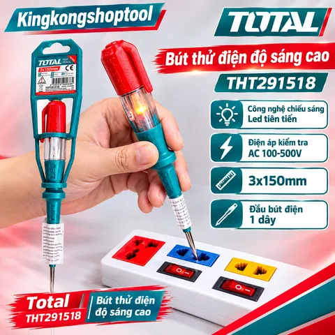 BÚT THỬ ĐIỆN TOTAL THT291518 – LED SIÊU SÁNG, KIỂM TRA ĐIỆN AC 100–500V