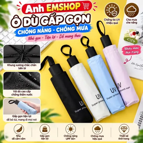 Ô Chống Tia UV Cao Cấp - Ô Dù 2 Lớp 8 Nan Che Mưa Nắng Gấp Gọn Có Tay Cầm Chắc Chắn Chống Thấm Mau Khô