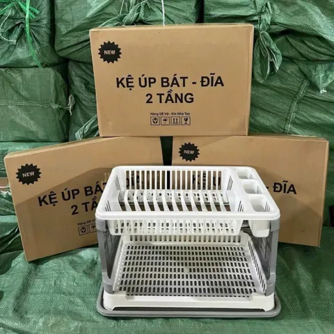 Kệ úp bát, giá để bát 2 tầng có ống đựng đũa kèm khay hứng nước bằng nhựa 8182 ( loại 1 )