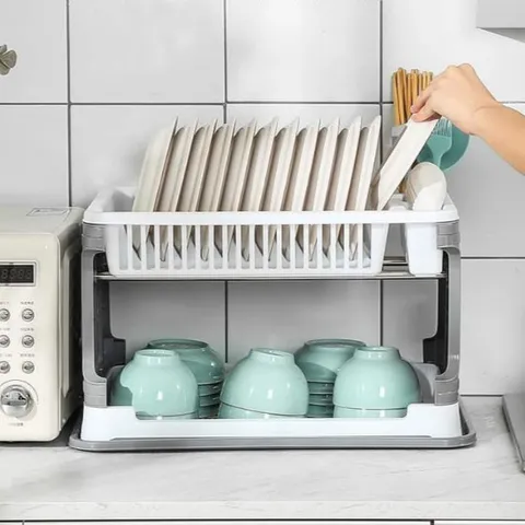 Kệ úp bát, giá để bát 2 tầng có ống đựng đũa kèm khay hứng nước bằng nhựa 8182 ( loại 1 )