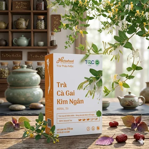 Trà Cà Gai Kim Ngân Herbafood - Hỗ trợ thanh nhiệt, giải độc gan - (Hộp 60 túi lọc 4,5g)
