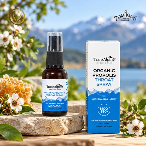 Xịt họng keo ong manuka MGO650+ TranzAlpine Organic Propolis Throat Spray 30ml