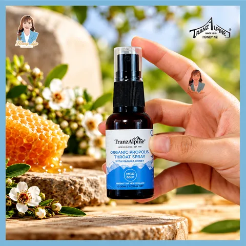 Xịt họng keo ong manuka MGO650+ New Zealand TranzAlpine Organic Propolis Throat Spray 30ml 739550