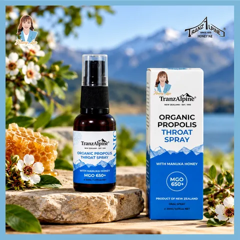 Xịt họng keo ong manuka MGO650+ New Zealand TranzAlpine Organic Propolis Throat Spray 30ml 739550