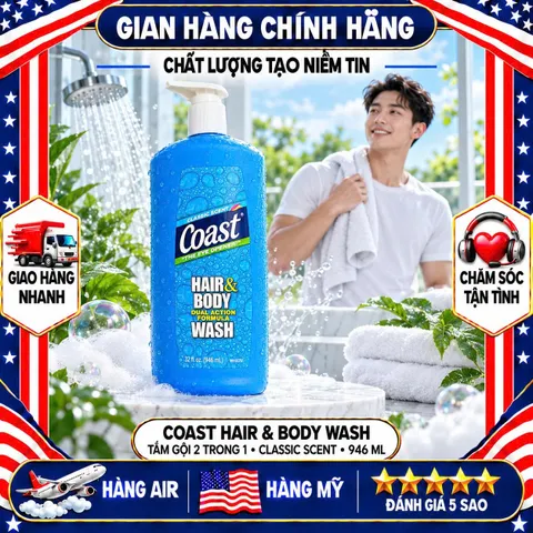 Sữa Tắm Gội cho Nam Coast Hair & Body có vòi của Mỹ 946ml chai lớn 832100