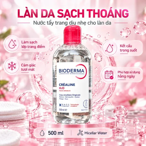Nước Tẩy Trang Pháp Micellar Bioderma Créaline H2O 500ml Cho Da Nhạy Cảm