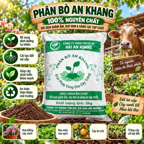 Phân bò Hải An Khang 5kg đã qua giâm ẩm, rây mịn & sàng lọc tạp chất cho cây trồng