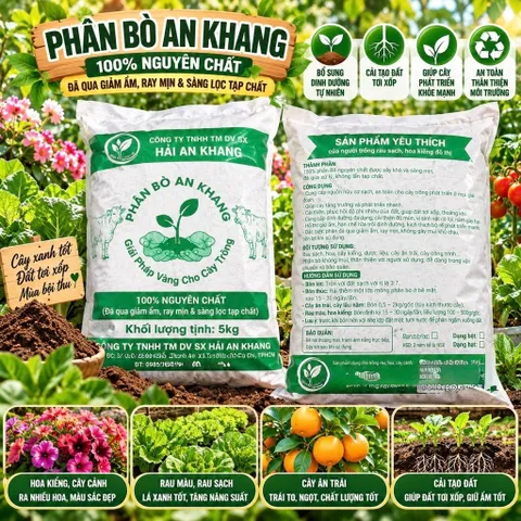 Phân bò Hải An Khang 5kg đã qua giâm ẩm, rây mịn & sàng lọc tạp chất cho cây trồng