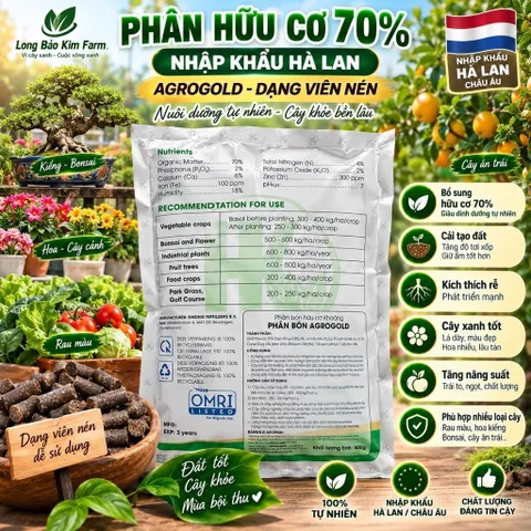 Phân Hữu Cơ Hà Lan AgroGold HK-Orga 1 70% OM Dạng Viên Nén 500g – Cải Tạo Đất, Dưỡng Rễ, Cây Cảnh Bonsai