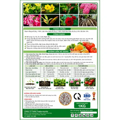 NPK 16-16-8 Thiên Phước 1KG - Phân Bón Rau Màu Hoa Cây Cảnh - Bật Chồi Mạnh, Ra Hoa Nhiều, Trái To Đẹp