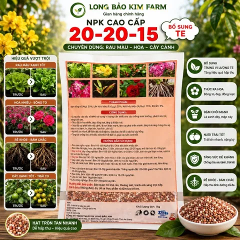 NPK 20-20-15 + TE Cao Cấp 1kg – Phân Bón Rau Màu, Hoa, Cây Cảnh – Đạm Chồi Mạnh, Hoa Nhiều, Nuôi Trái Tốt