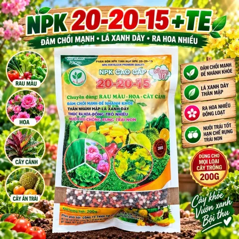 NPK 20-20-15 + TE Cao Cấp 1kg – Phân Bón Rau Màu, Hoa, Cây Cảnh – Đạm Chồi Mạnh, Hoa Nhiều, Nuôi Trái Tốt