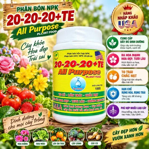 Siêu to trái 20-20-20 + TE 100g Cho Cây Cảnh & Hoa Phát Triển Khỏe Mạnh Chống Hạn & Bệnh
