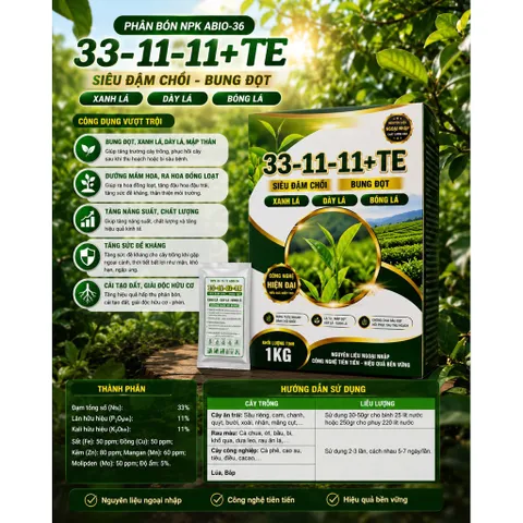 NPK 33-11-11+TE ABIO-36 Gói 250g | Siêu Đạm Chồi, Bung Đọt, Xanh Lá, Dày Lá | Phân Bón Lá NPK Cao Cấp
