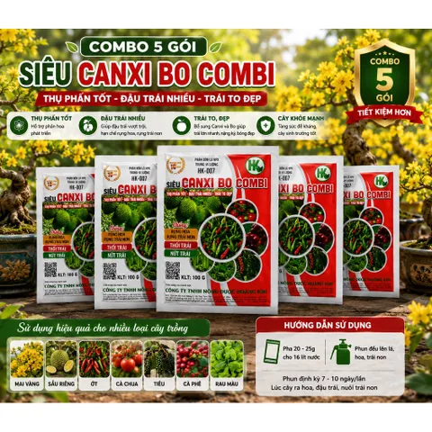 Combo 5 Gói Siêu Canxi Bo Combi HK-007 100g | Canxi Chelate 10.000ppm, Bo 2.000ppm | Phân Bón Lá NPK Trung Vi Lượng