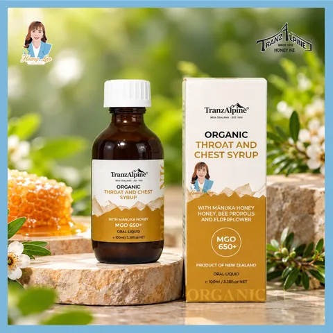 Siro ho, đau rát họng MGO650+ New Zealand TranzAlpine Organic Throat And Chest Syrup 100ml