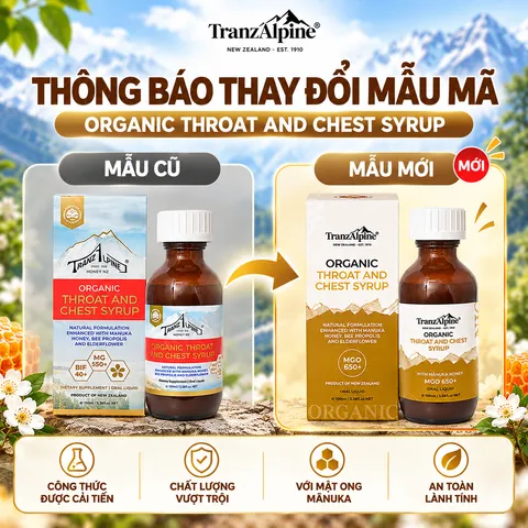 Siro ho, đau rát họng MGO650+ New Zealand TranzAlpine Organic Throat And Chest Syrup 100ml