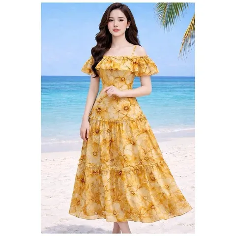 Váy Maxi Hoa Trễ Vai, Váy Xoè Trễ Vai Đi Chơi Đi Biển Mặc Nhóm, Thiết Kế Hoa Đẹp Mắt, Phong Cách Thời Trang - May7254