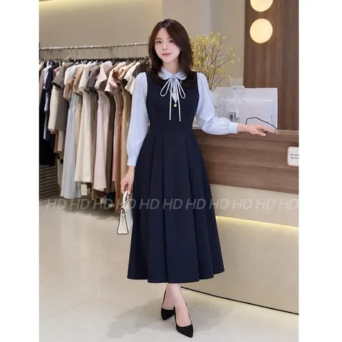 Váy công sở phối sơmi cổ sen đính nơ xinh xắn, thiết kế trẻ trung thanh lịch - May7254