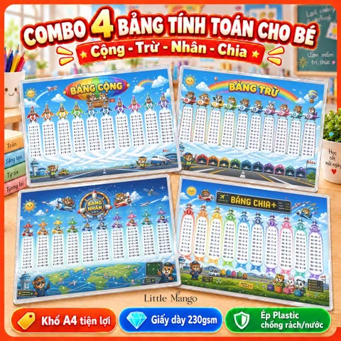 Combo 4 Bảng Cửu Chương Cộng Trừ Nhân Chia A4 Ép Plastic Cho Bé – Hải Tặc, Máy Bay, Khủng Long