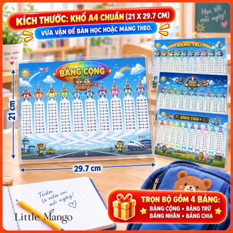 Combo 4 Bảng Cửu Chương Cộng Trừ Nhân Chia A4 Ép Plastic Cho Bé – Hải Tặc, Máy Bay, Khủng Long